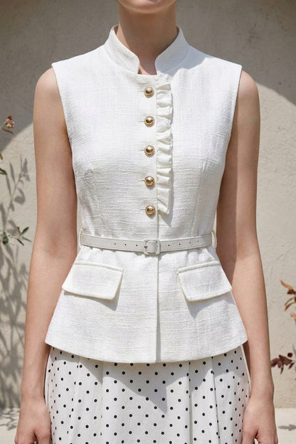 White Structured Woven Fitted Peplum Top & Flared A-Line Midi Skirt Two-Piece Set white structured woven cotton-blend two-piece set - product view 6