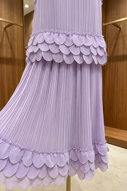 Lavender Pleated Chiffon Two-Piece Set: Relaxed Sleeveless Top & A-Line Midi Skirt lavender lightweight pleated chiffon two-piece set - product view 7