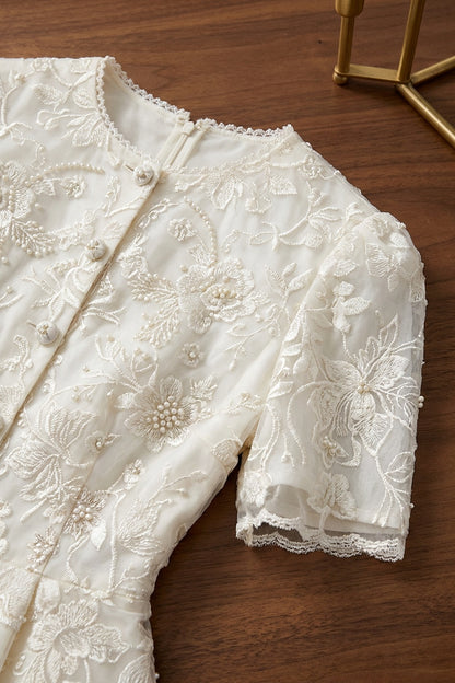 Off-White Embroidered Organza and Tulle Fitted Peplum Top with Flared A-Line Skirt Two-Piece Set off-white embroidered organza and tulle two-piece set - product view 7
