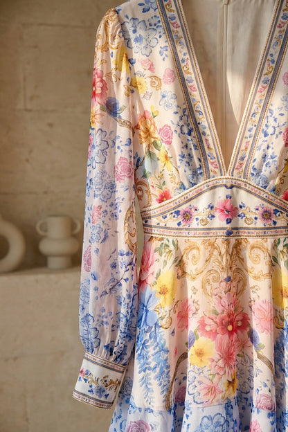 Baroque Floral Chiffon Mini Dress white, light blue, pink, yellow chiffon dress - product view 7