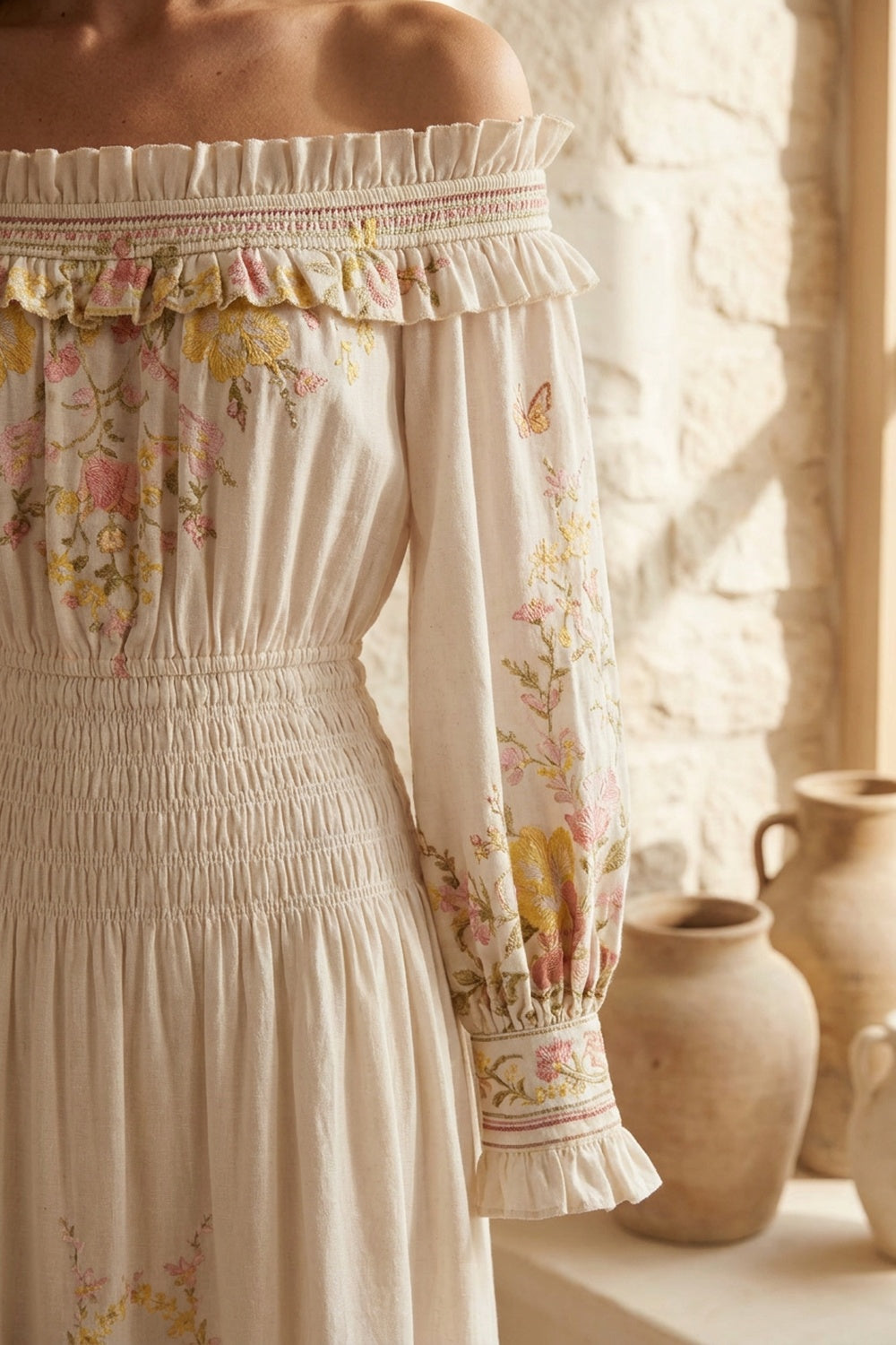 Cream A-Line Maxi Dress with Off-the-Shoulder Smocked Detail cream lightweight woven cotton or linen blend dress - product view 7