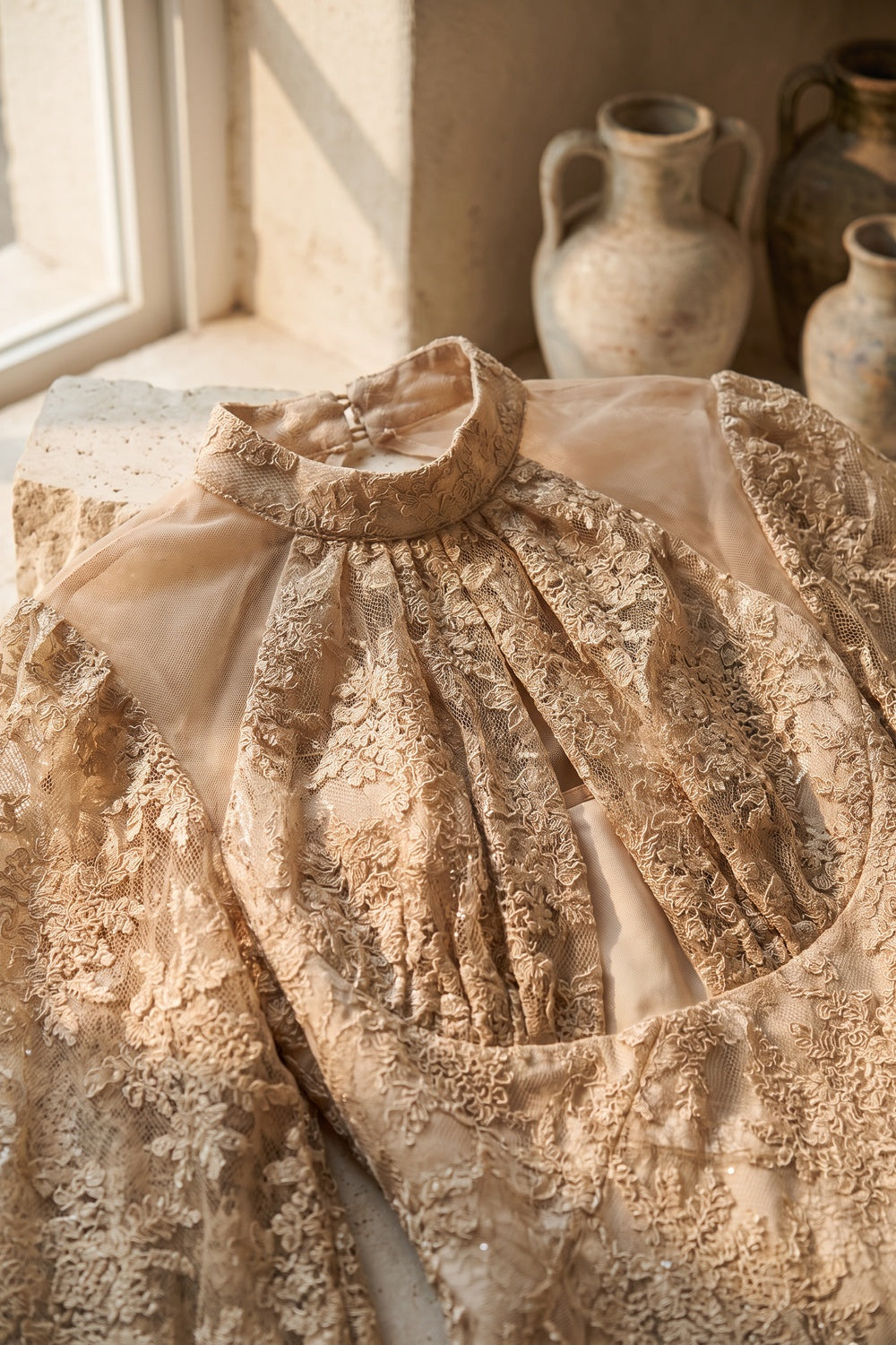 Beige Floral Lace A-Line Midi Dress beige, champagne floral lace dress - product view 7