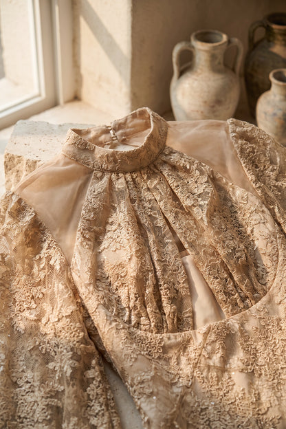 Beige Floral Lace A-Line Midi Dress beige, champagne floral lace dress - product view 7