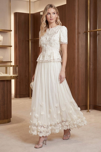 Off-White Embroidered Organza and Tulle Fitted Peplum Top with Flared A-Line Skirt Two-Piece Set off-white embroidered organza and tulle two-piece set - product view 8