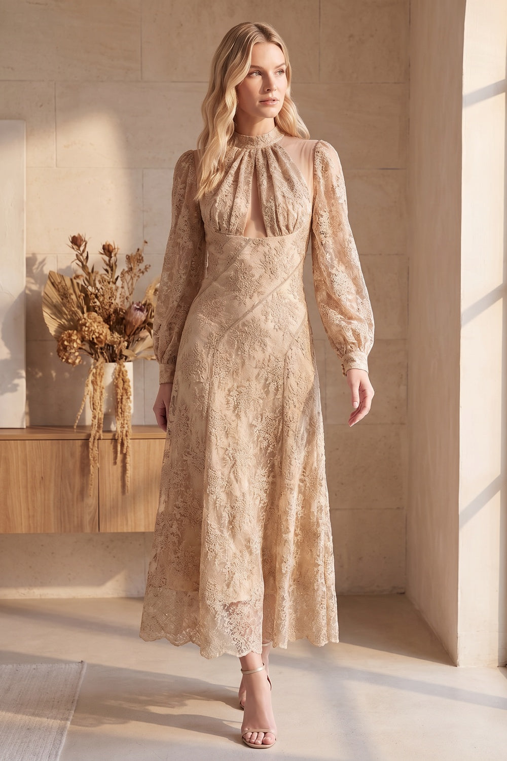 Beige Floral Lace A-Line Midi Dress beige, champagne floral lace dress - product view 8