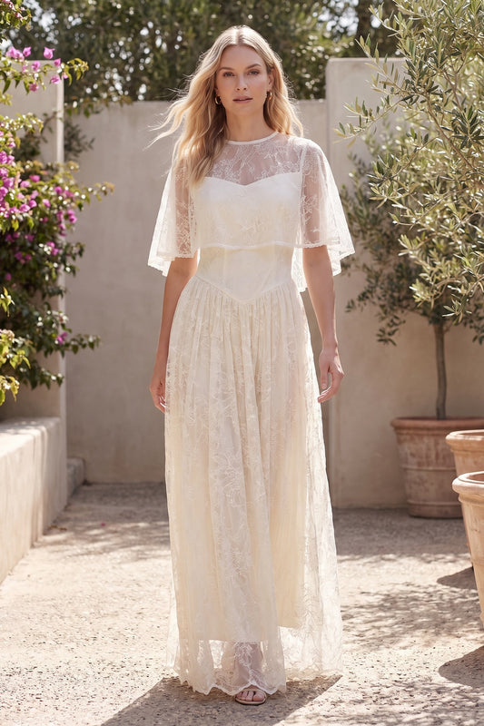 Cream Floral Lace A-Line Dress with Capelet Overlay cream floral lace dress with capelet overlay - product view 8