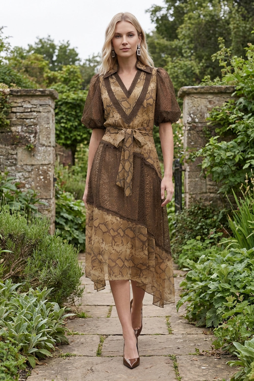 Beige Chiffon A-Line Asymmetric Tiered Snakeskin Midi Dress beige, brown, tan chiffon dress - product view 8