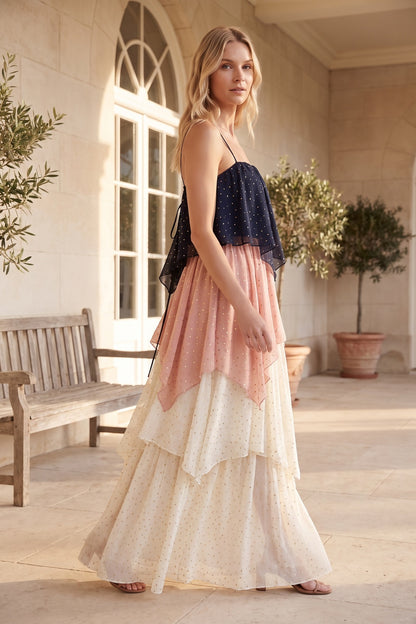 Navy Blue, Dusty Pink & Cream Chiffon A-Line Tiered Maxi Dress navy blue, dusty pink, cream chiffon dress - product view 8