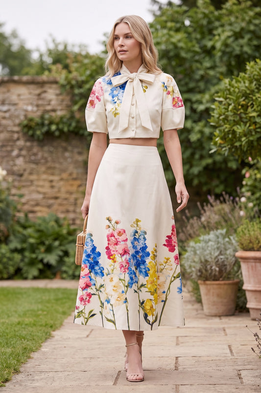 Off-White Mid-Weight Structured Woven Cropped Top & High-Waisted Flared Skirt Two-Piece Set with Floral Print off-white, cream mid-weight structured woven fabric two-piece set - product view 8