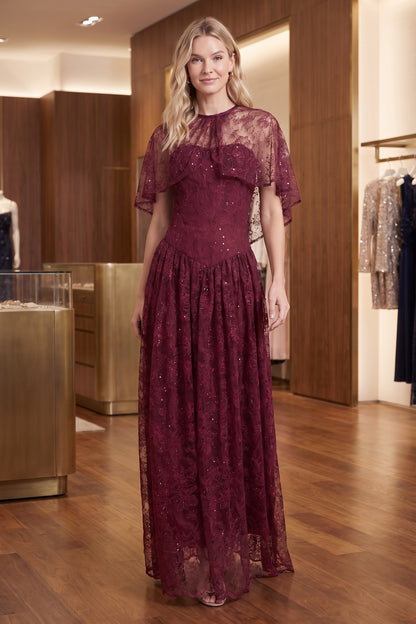 Burgundy Floral Lace A-Line Maxi Dress with Capelet Overlay burgundy floral lace maxi dress with capelet overlay - product view 8