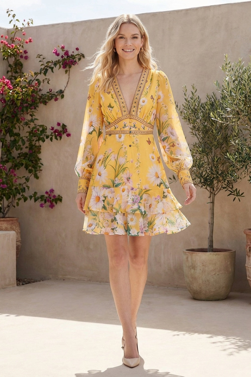 Yellow Chiffon Fit-and-Flare Dress with Floral and Butterfly Print yellow chiffon dress - product view 8