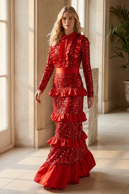 Red Sequined Mesh Tiered A-Line Gown red sequined mesh gown - product view 8
