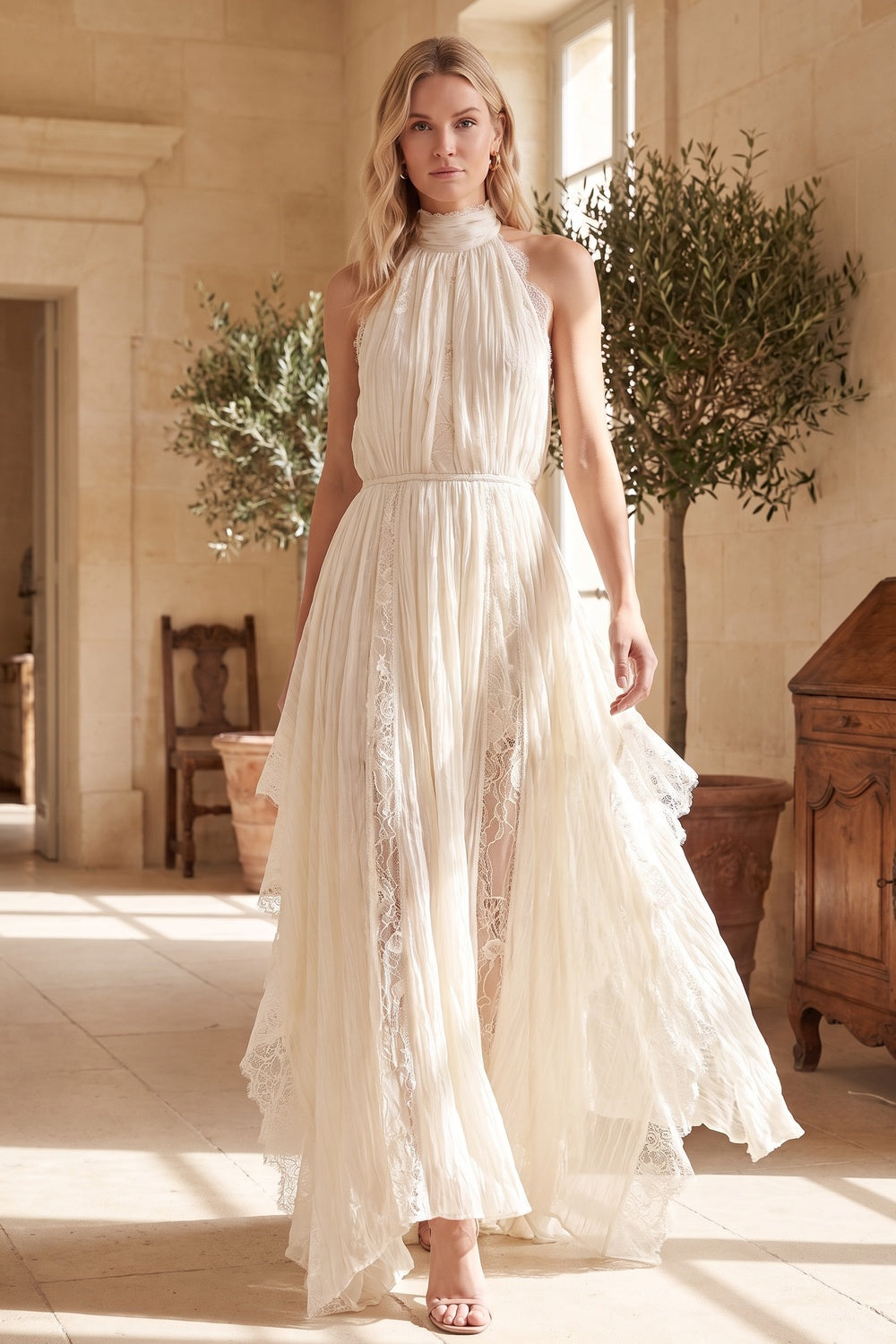 Ivory Crinkled Chiffon A-Line Maxi Dress with Lace Panels ivory crinkled chiffon dress - product view 8