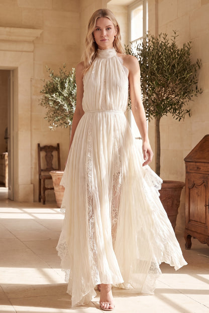 Ivory Crinkled Chiffon A-Line Maxi Dress with Lace Panels ivory crinkled chiffon dress - product view 8