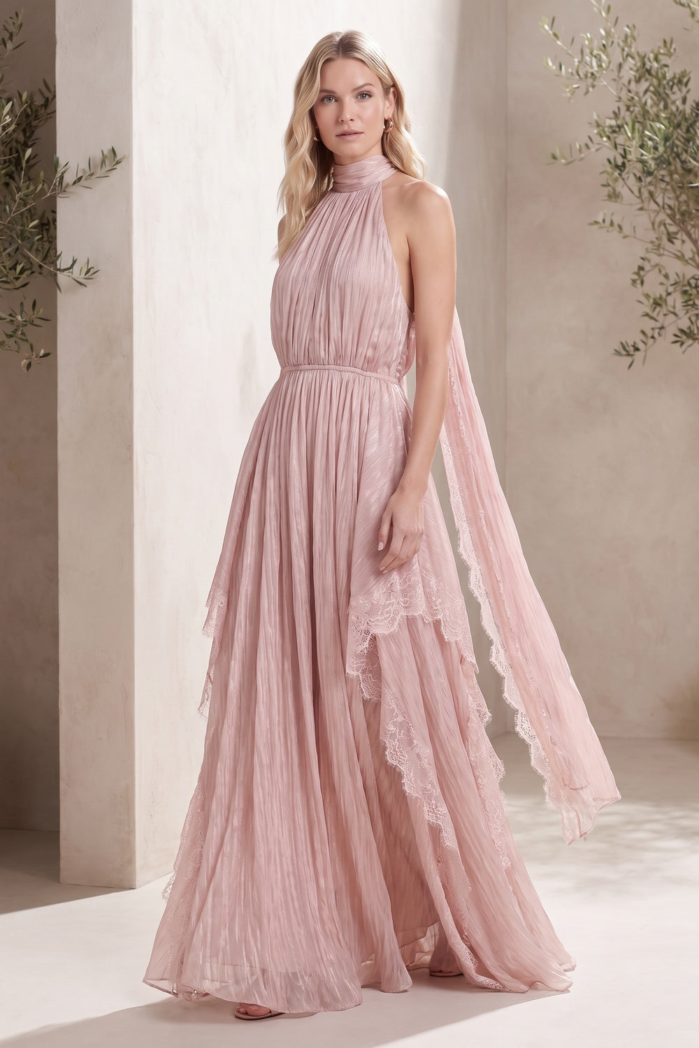 dusty pink crinkled chiffon a-line dress dusty pink crinkled chiffon dress - product view 8