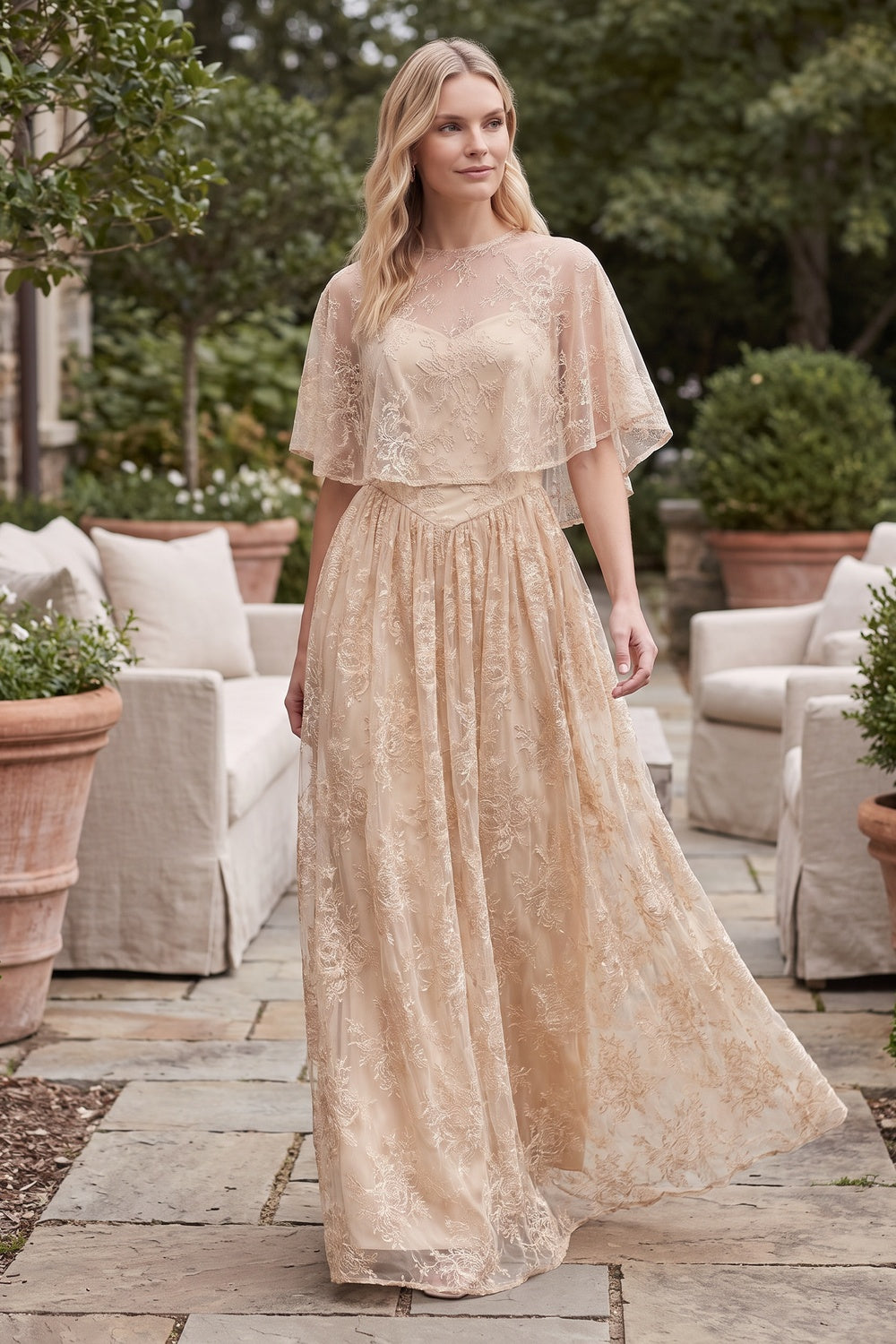 Champagne Embroidered Floral Lace A-Line Layered Maxi Dress champagne, beige embroidered floral lace layered lace maxi dress - product view 8