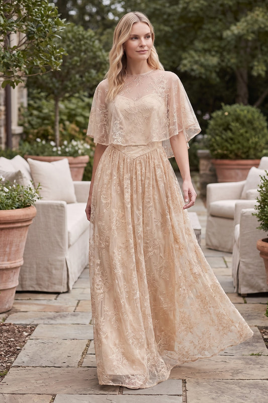 Champagne Embroidered Floral Lace A-Line Layered Maxi Dress champagne, beige embroidered floral lace layered lace maxi dress - product view 8
