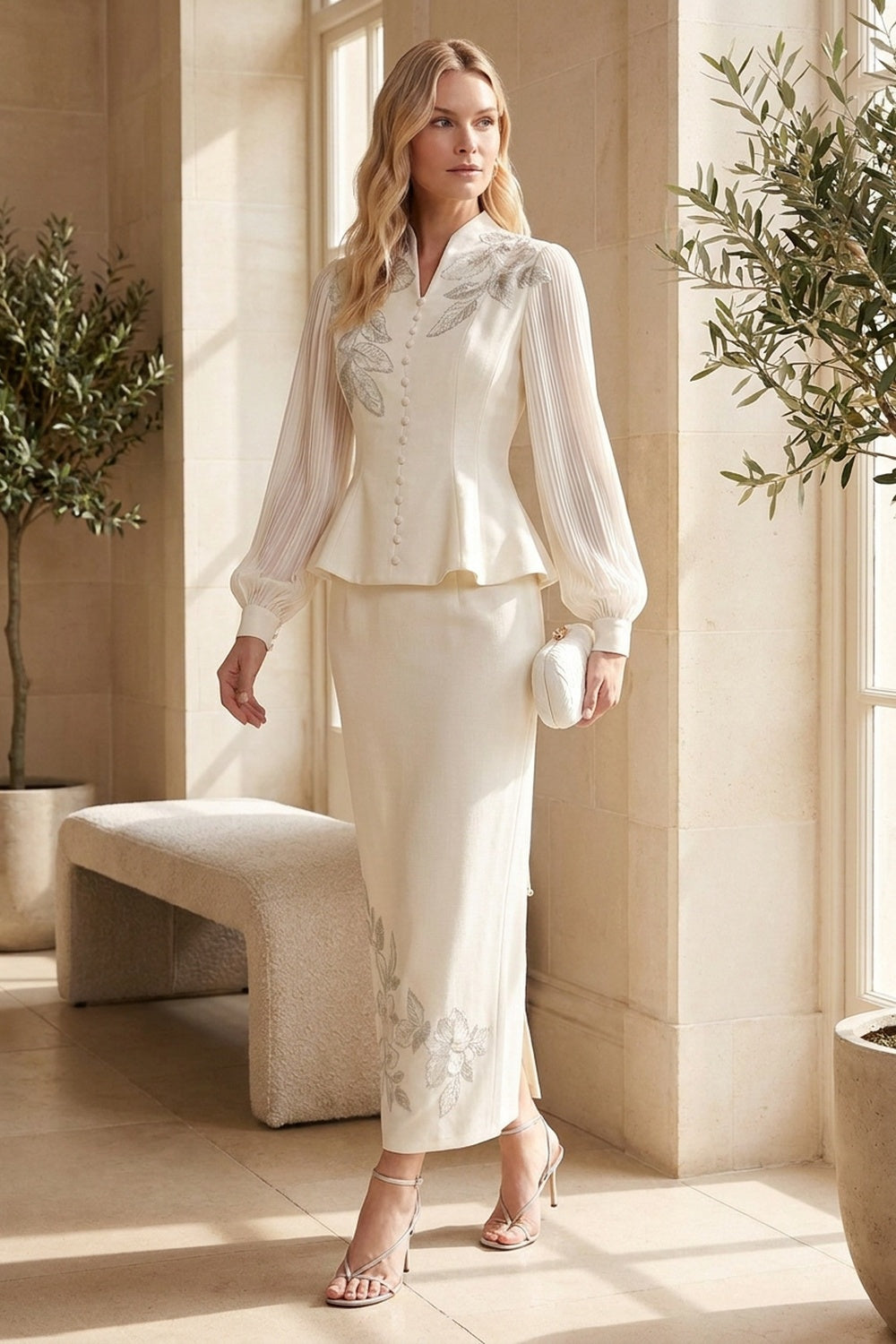 Off-White Structured Crepe Peplum Top & Column Maxi Skirt Two-Piece Set off-white structured crepe two-piece set - product view 8