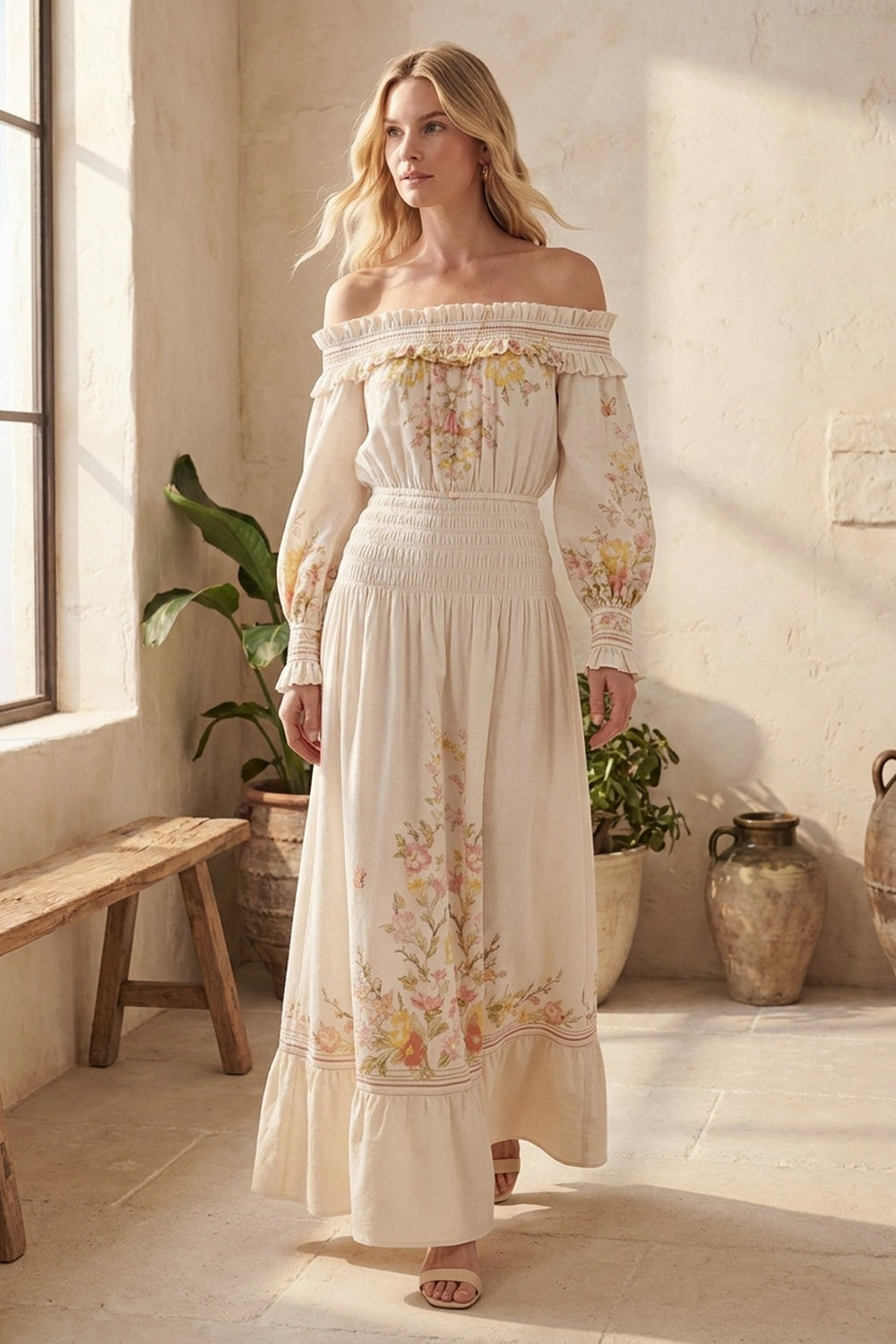 Cream A-Line Maxi Dress with Off-the-Shoulder Smocked Detail cream lightweight woven cotton or linen blend dress - product view 8