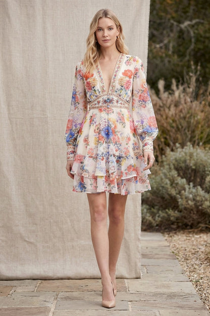 Cream Floral Chiffon Tiered Mini Dress cream, off-white chiffon dress - product view 8