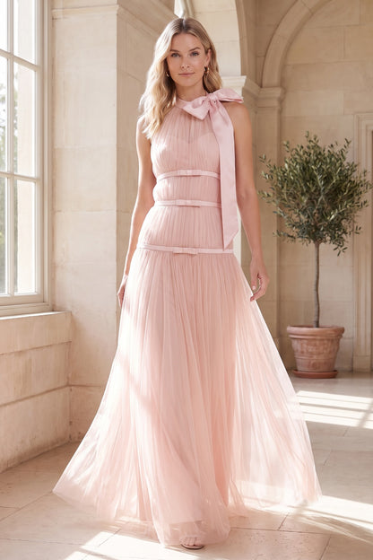 Light Pink Tulle A-Line Maxi Gown with Halter Bow Detail light pink tulle gown - product view 8