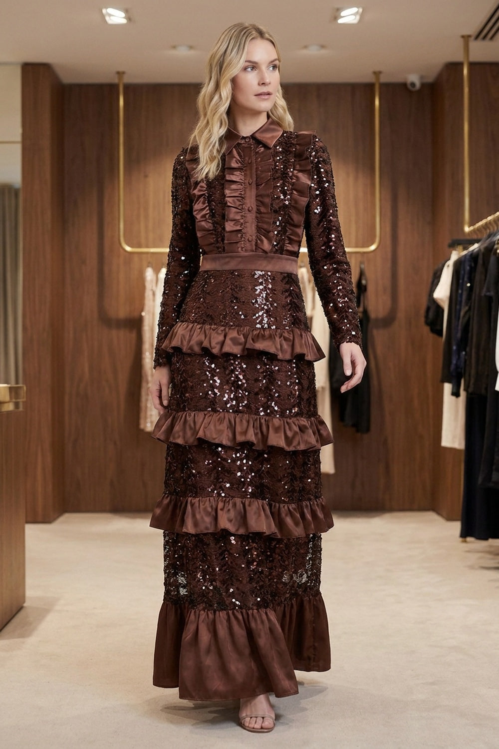 Dark Brown Sequined Mesh Tiered A-Line Maxi Dress dark brown sequined mesh dress - product view 8