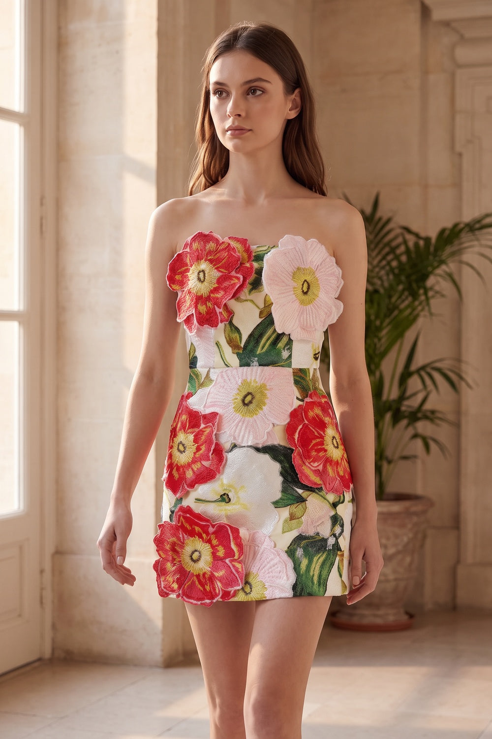 White Brocade Floral Appliqué Mini Dress white brocade dress - product view 8