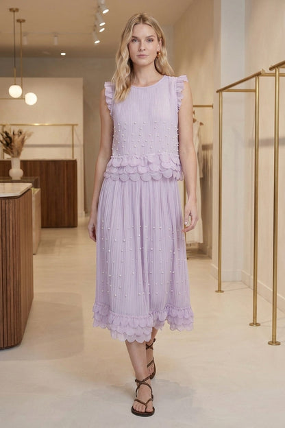 Lavender Pleated Chiffon Two-Piece Set: Relaxed Sleeveless Top & A-Line Midi Skirt lavender lightweight pleated chiffon two-piece set - product view 8