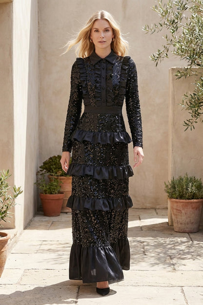 Black Sequined Mesh Tiered A-Line Maxi Dress black sequined mesh maxi dress - product view 8