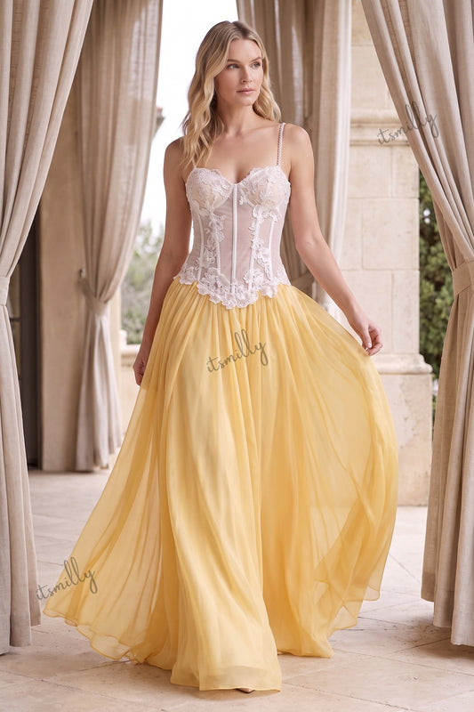 Yellow Floral Lace A-Line Chiffon Floor-Length Gown yellow chiffon gown - product view 8