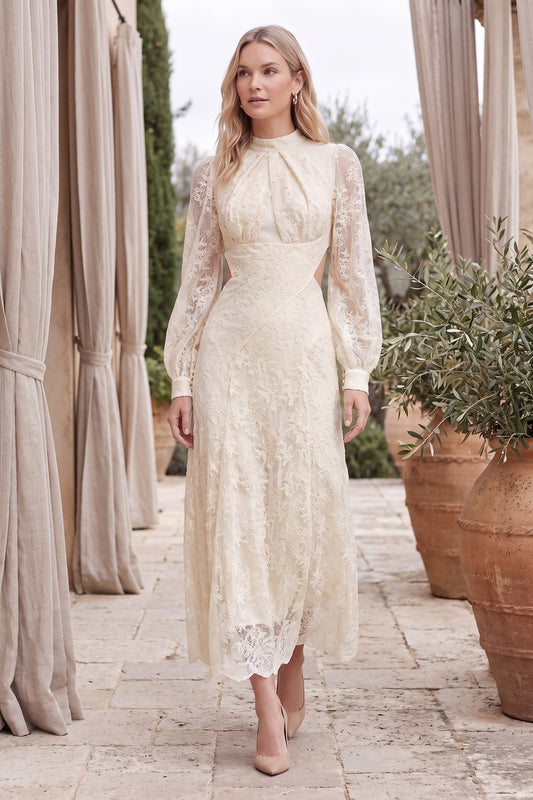 Cream Floral Lace A-Line Midi Dress cream floral lace dress - product view 8