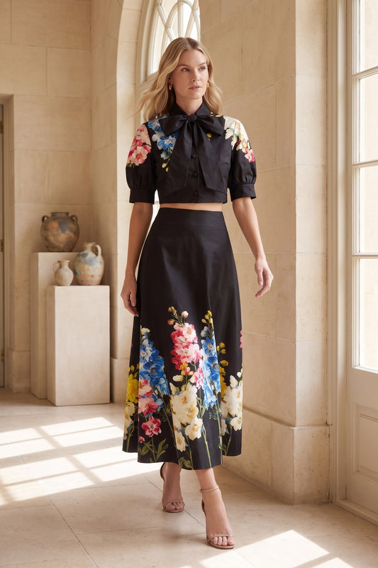 Black Floral Print Structured Two-Piece Set with Puff Sleeve Blouse and Midi Skirt black structured woven cotton or linen blend two-piece set - product view 8