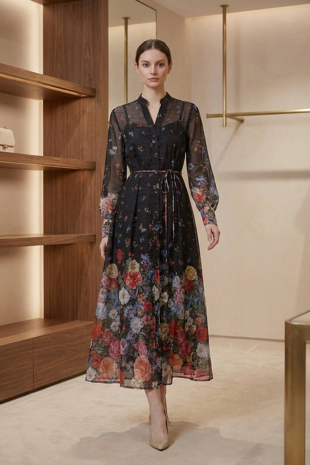 Black Sheer Chiffon A-Line Shirt Dress with Floral Print black sheer chiffon shirt dress - product view 8