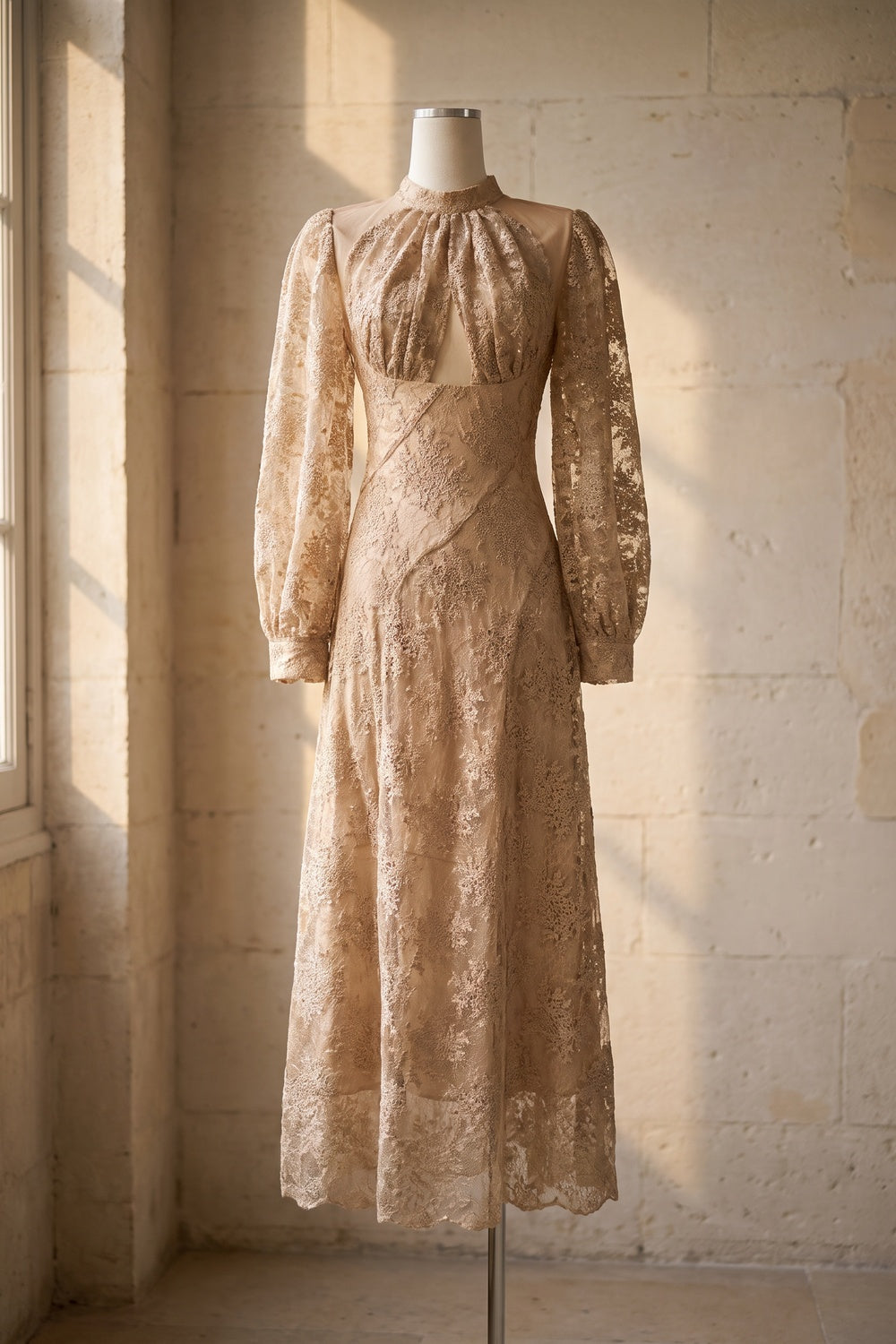 Beige Floral Lace A-Line Midi Dress beige, champagne floral lace dress - product view 2