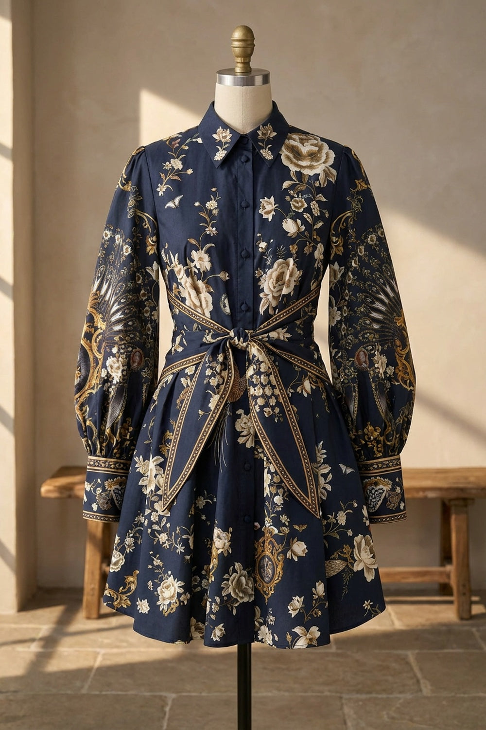 Navy Blue Baroque Print Fit-and-Flare Shirt Dress navy blue structured cotton poplin shirt dress - product view 2