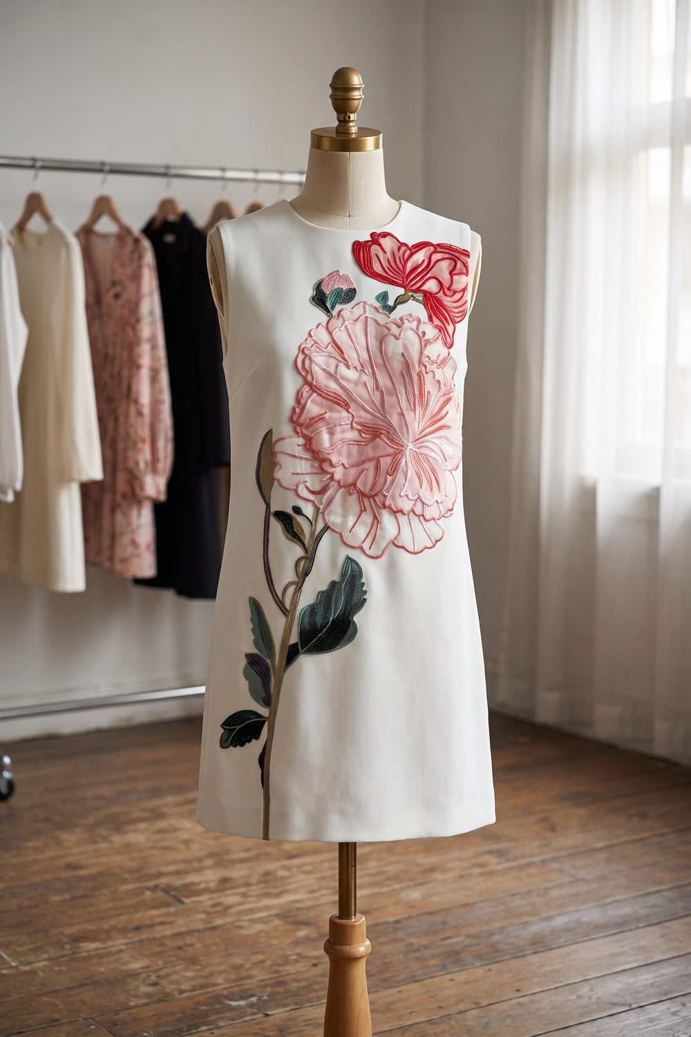 White Structured Crepe Shift Dress with Floral Embroidery white structured woven crepe dress - product view 2