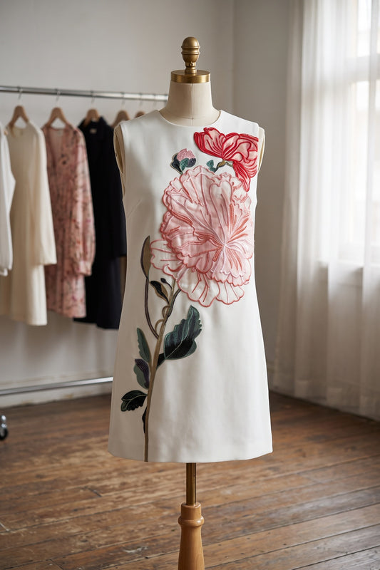 White Structured Crepe Shift Dress with Floral Embroidery white structured woven crepe dress - product view 2