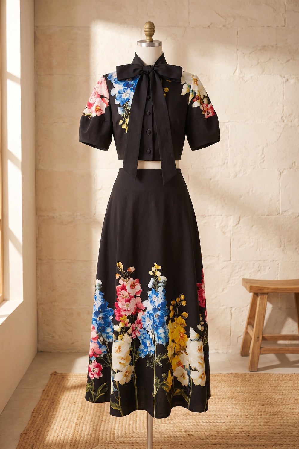Black Floral Print Structured Two-Piece Set with Puff Sleeve Blouse and Midi Skirt black structured woven cotton or linen blend two-piece set - product view 2