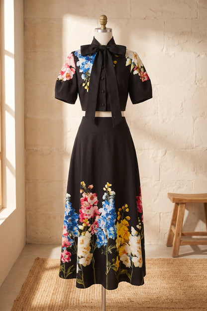Black Floral Print Structured Two-Piece Set with Puff Sleeve Blouse and Midi Skirt black structured woven cotton or linen blend two-piece set - product view 2