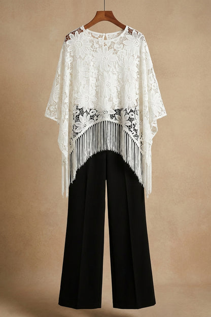 White Guipure Lace Fringe Poncho Top with Black Wide-Leg Trousers Set white, black guipure lace (top), woven crepe (trousers) two-piece set (poncho top and wide-leg trousers) - product view 2