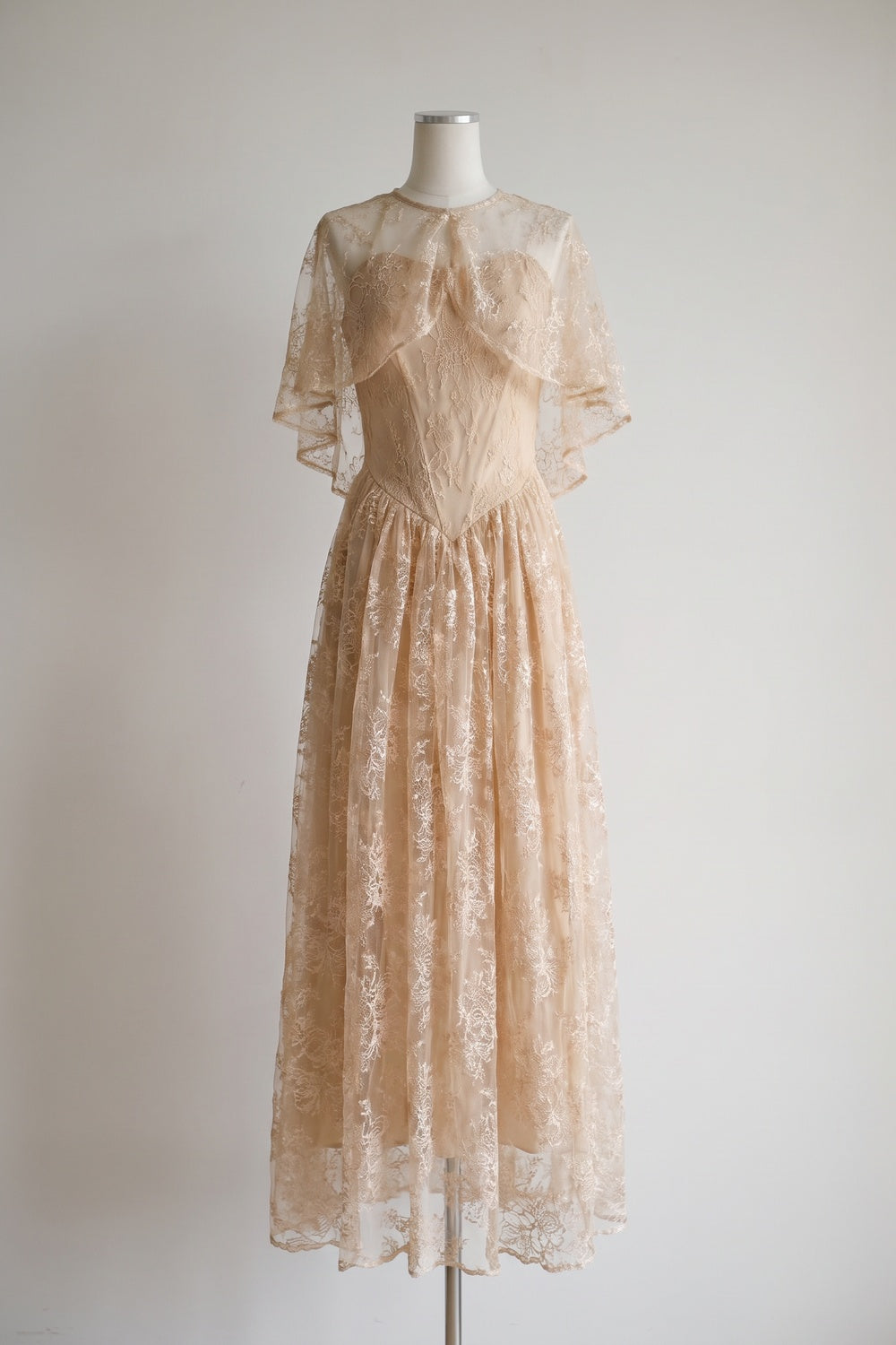 Champagne Embroidered Floral Lace A-Line Layered Maxi Dress champagne, beige embroidered floral lace layered lace maxi dress - product view 2