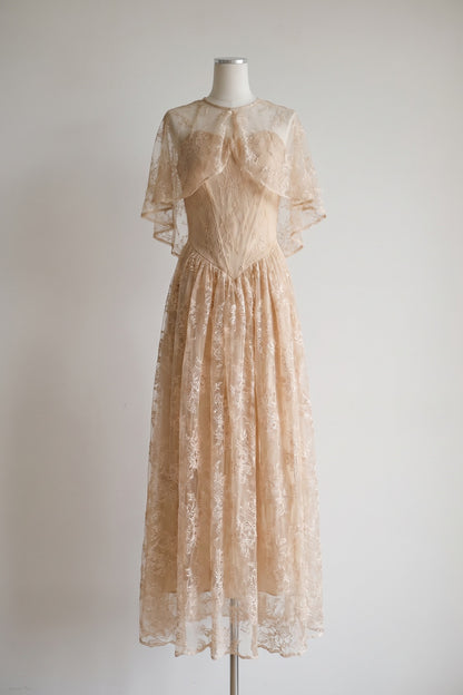 Champagne Embroidered Floral Lace A-Line Layered Maxi Dress champagne, beige embroidered floral lace layered lace maxi dress - product view 2