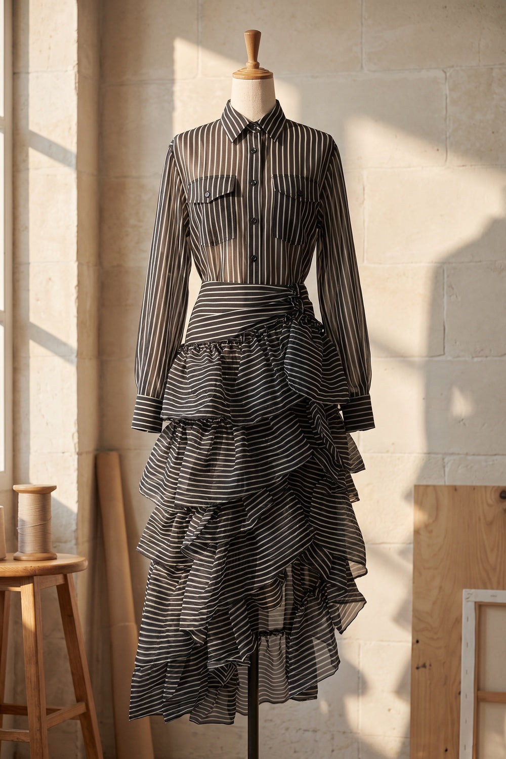 Black Sheer Chiffon Two-Piece Matching Set with Asymmetrical Tiered Skirt black, white sheer chiffon or organza two-piece matching set (shirt and skirt) - product view 2