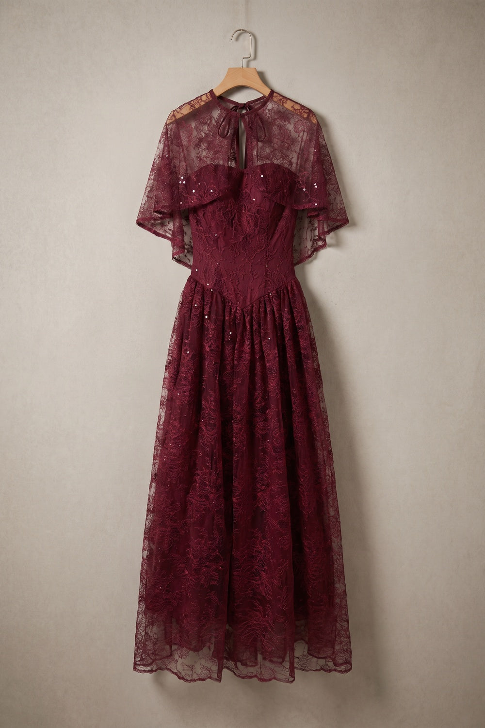Burgundy Floral Lace A-Line Maxi Dress with Capelet Overlay burgundy floral lace maxi dress with capelet overlay - product view 2