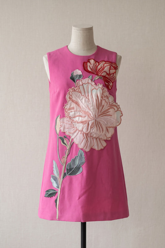 Magenta Pink Structured Woven Crepe A-Line Mini Dress with 3D Floral Applique magenta pink structured woven crepe dress - product view 2