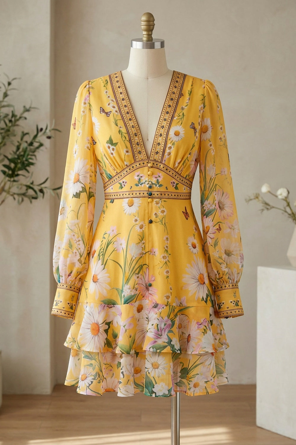 Yellow Chiffon Fit-and-Flare Dress with Floral and Butterfly Print yellow chiffon dress - product view 2