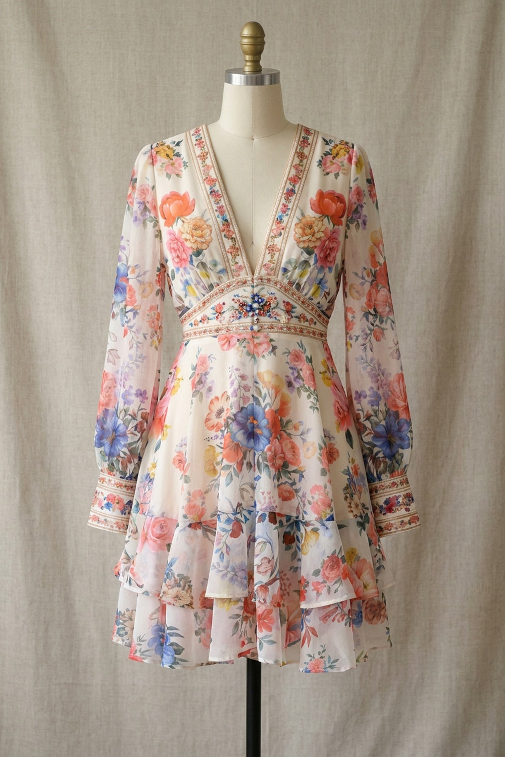 Cream Floral Chiffon Tiered Mini Dress cream, off-white chiffon dress - product view 2