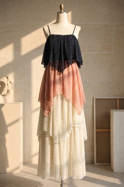 Navy Blue, Dusty Pink & Cream Chiffon A-Line Tiered Maxi Dress navy blue, dusty pink, cream chiffon dress - product view 2
