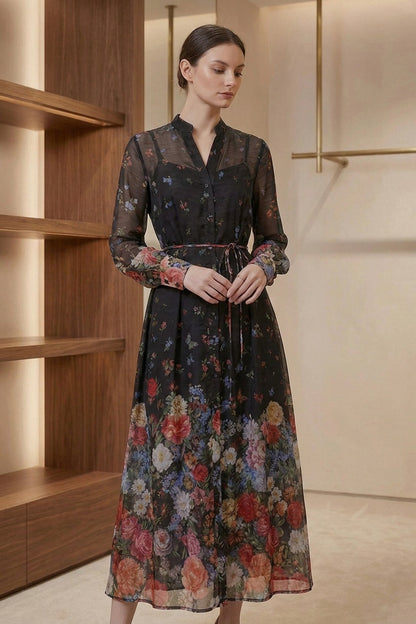 Black Sheer Chiffon A-Line Shirt Dress with Floral Print black sheer chiffon shirt dress - product view 9