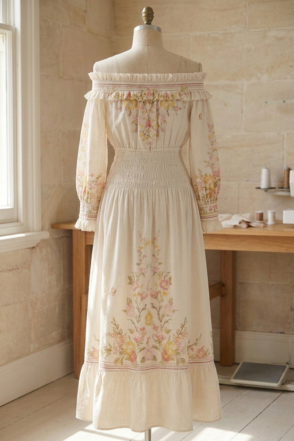 Cream A-Line Maxi Dress with Off-the-Shoulder Smocked Detail cream lightweight woven cotton or linen blend dress - product view 4